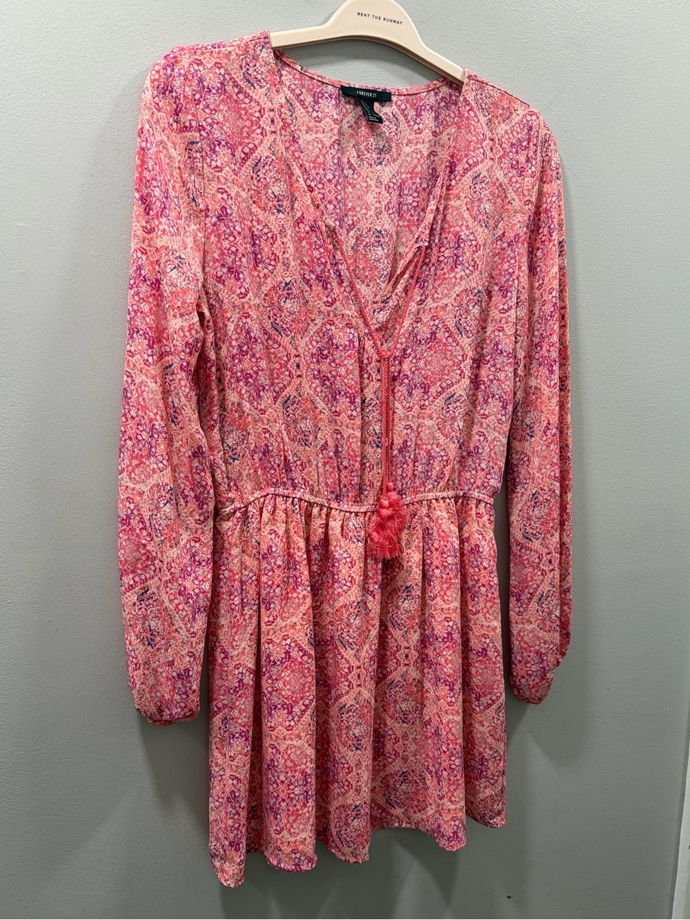 Forever 21 Pink sheer lined V-Neck Long-Sleeve Dress boho flowy mini dress L